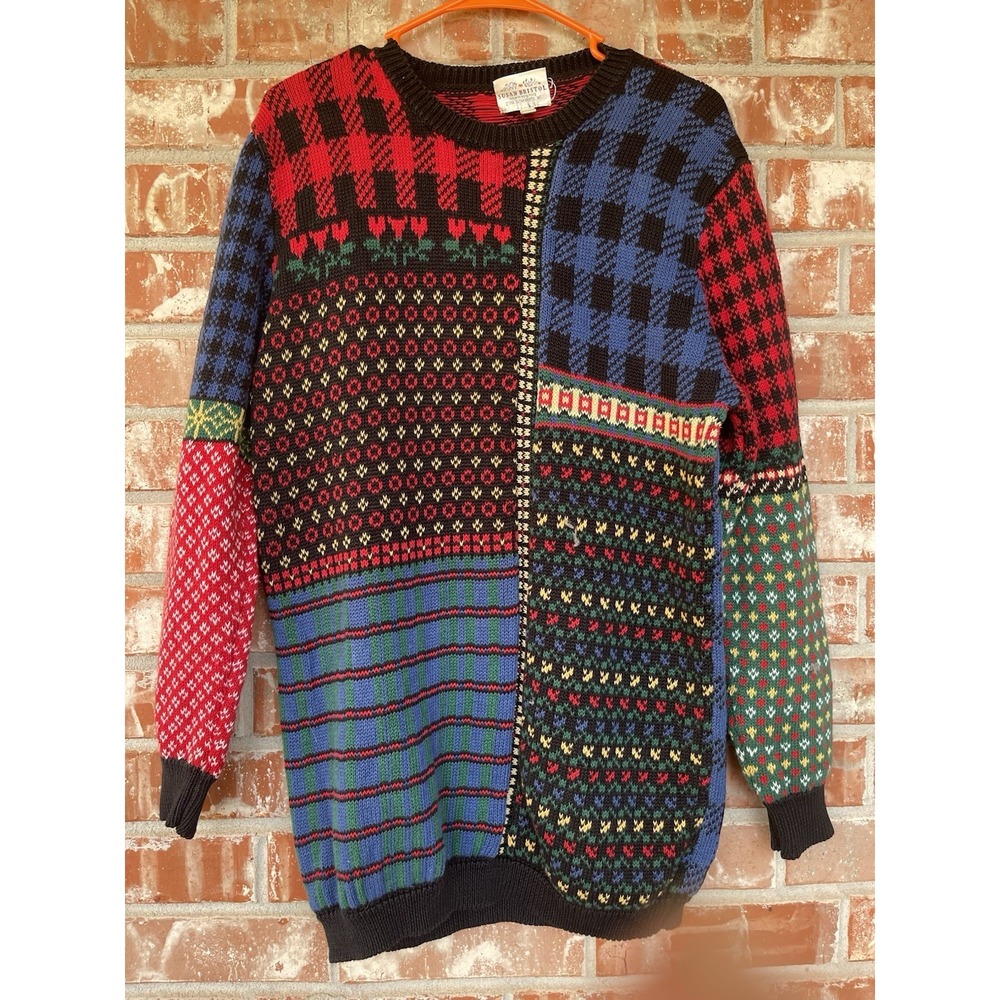 Vintage 1992 Susan Bristol M Tartan Plaid Sweater Patchwork Fall Colors